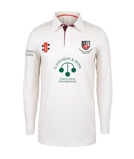 HADLEIGH & THUNDERSLEY CC SENIOR PRO PERFORMANCE LONG SLEEVED CRICKET SHIRT MAROON TRIM